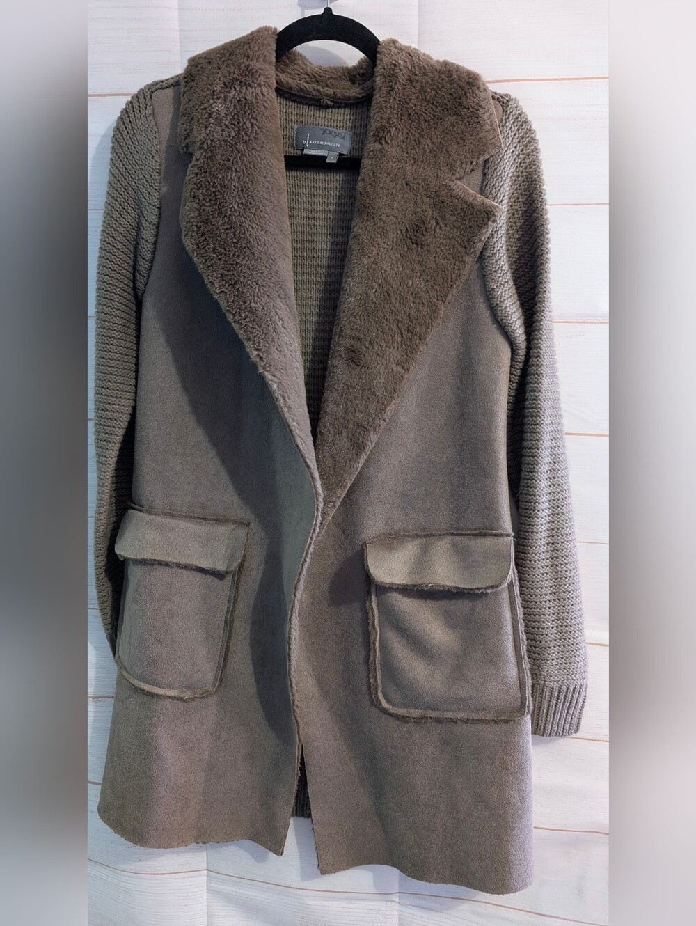 Anthropologie PIPER Faux-Shearling Coat with Knit Sleeves Size Small